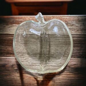 Apple Glass Dish Candy Vintage‎ Clear Shaped Nut Trinket Divided Center Heavy